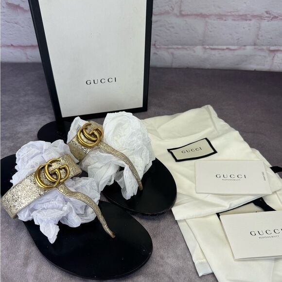 Gucci Crinkled Metallic Gg Marmont Leather Thongs 39.5 - Picture 13 of 13